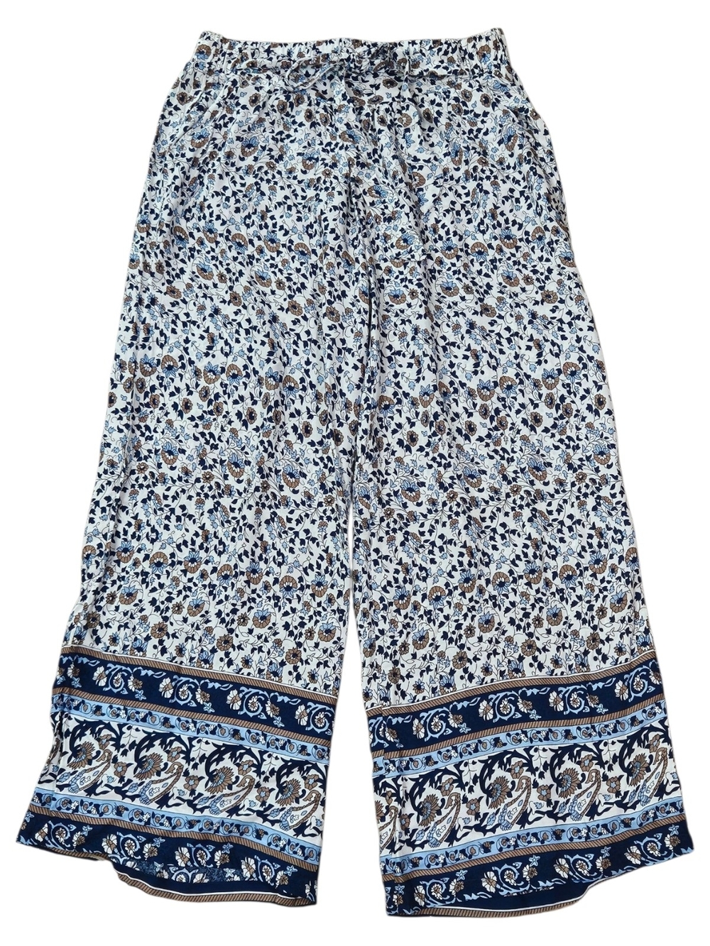 Wide Leg Floral Print Palazzo Pants in Blue and White